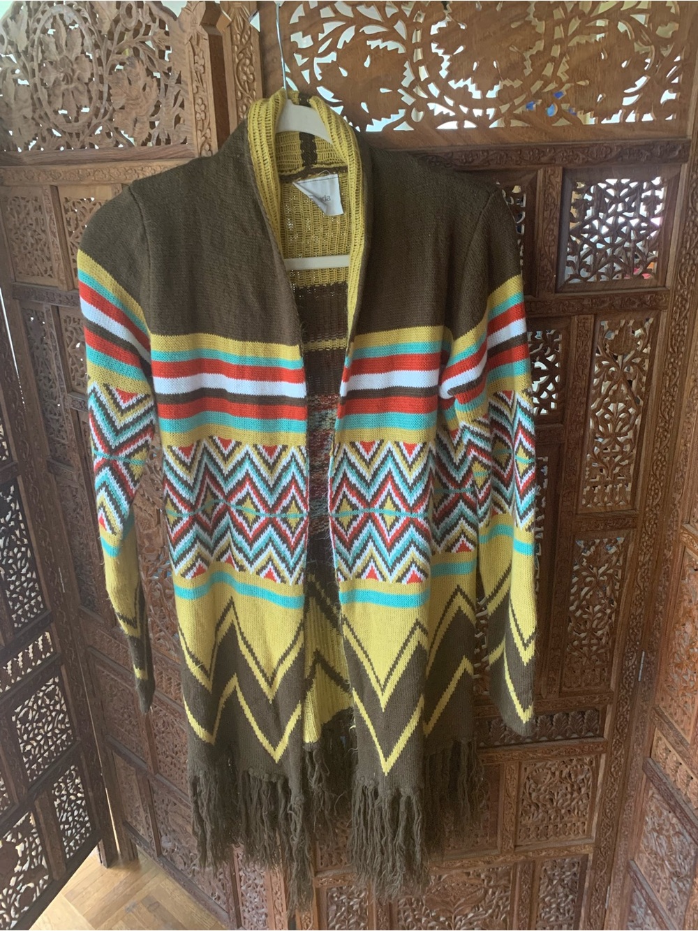 Yahada Brown & Yellow Geometric Fringe Open Cardigan
